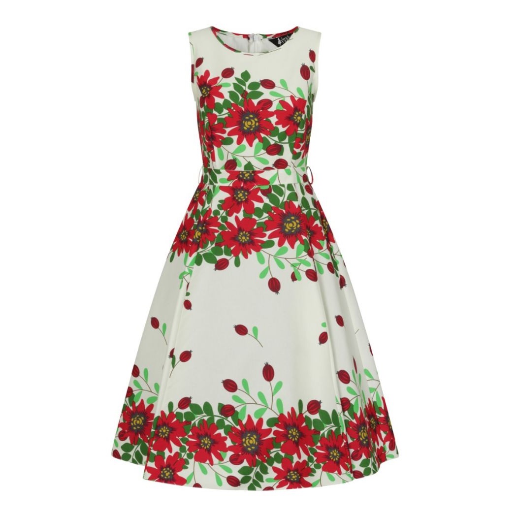 Lady Vintage: Red Flower Border Hepburn Dress 36% OFF