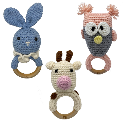EliteBaby: Crochet Baby Rattler + Baby Teether Set – Farm Friends - 3 Pack